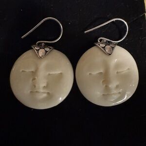 925 Sterling Silver Dangle Earrings Carved Moon Face New